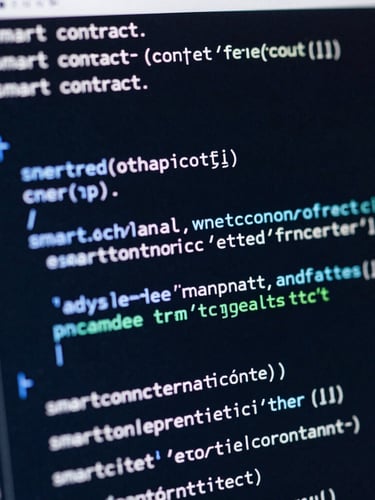 Macro shot of a high-resolution terminal screen displaying smart contract execution logs and nested code lines, cool blue screen-glow, sharp focus.