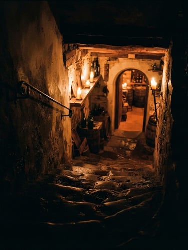 Moody low-key photography of a dark stone staircase leading down into a warm amber-lit basement, candle glow, deep shadows, 35mm film grain.