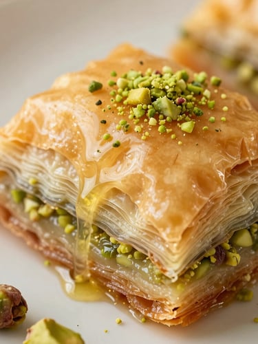 Overhead macro shot of glistening golden baklava layers, warm afternoon side-light, syrup dripping slowly, rich pistachio crumbs on top, shallow depth of field