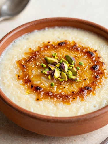 Overhead close-up of a traditional Turkish baked rice pudding with a beautifully caramelized golden-brown top, served in a clay dish on a rustic cream-colored table, soft afternoon side-light, shallow depth of field.