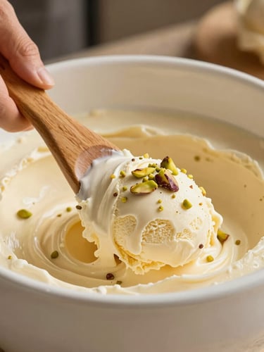 Warm editorial food photography of authentic Maraş ice cream being stretched by hand with a traditional wooden paddle, soft afternoon side-light, rich cream and pistachio tones.