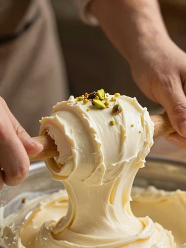 Close-up of hands traditional kneading and stretching thick Maraş ice cream on a wooden hook, warm afternoon light, rustic background.