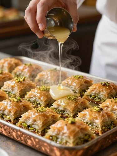 A master pastry chef gently pouring hot clear syrup over a tray of freshly baked golden baklava, steam rising, traditional copper tray, warm bakery background