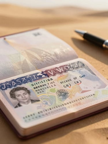 Close-up of a passport open to a visa page, with a clean desk surface, soft golden light, and a pen nearby, conveying precision and official documentation.