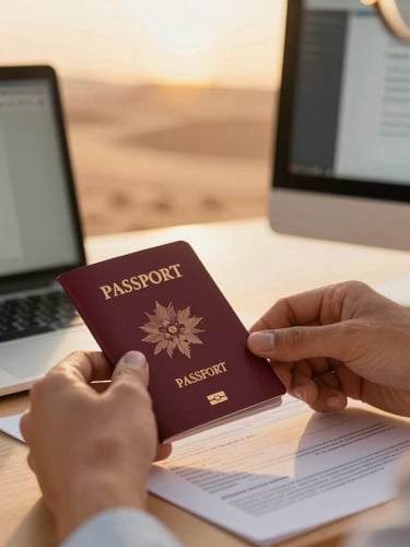 Close-up of a visa specialist's hands meticulously reviewing a passport and application form on a desk, with a computer screen showing a digital document, warm golden hour light.