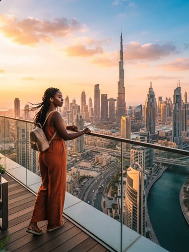 Wide shot of Dubai skyline at golden hour, a diverse traveler looking out over the city from a high vantage point, warm light