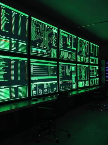 Wide cinematic overhead shot of a live command-center dashboard wall, glowing green HUD data streams and circuit-line overlays visible on multiple screens, deep black environment, neon green backlight casting dramatic shadows, no people, server room infrastructure to the far right edge