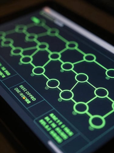 Extreme close-up of a dark HUD dashboard screen displaying a multi-node workflow pipeline, neon green flow lines connecting process nodes, partial data metrics glowing on a black glass surface, cinematic backlight, deep shadows framing the interface edges