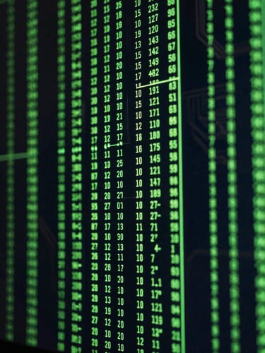 Extreme close-up of cascading data streams on a dark HUD terminal screen, neon green characters and pipeline metrics flowing vertically, deep black background with circuit-board geometry visible in periphery, cinematic backlight glow, no faces