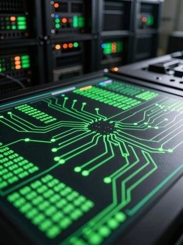 Extreme close-up of a high-contrast military command-center interface, neon green data streams and circuit-board grid lines glowing on a matte black surface, server rack status lights in deep background, cinematic backlight with heavy shadow depth, no people visible