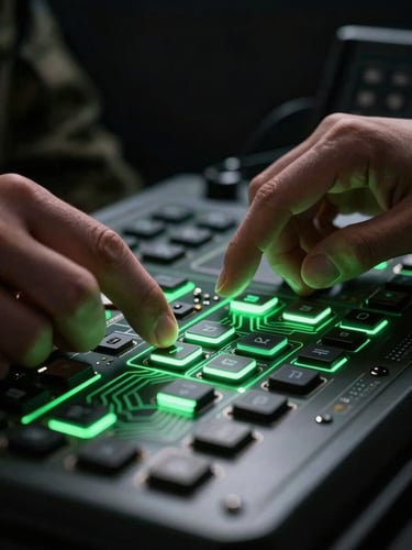 Extreme close-up of hands operating a military-grade control interface, backlit green neon glow illuminating tactile buttons and circuit-board geometry on the panel surface, deep black background, high-contrast cinematic lighting, no face visible