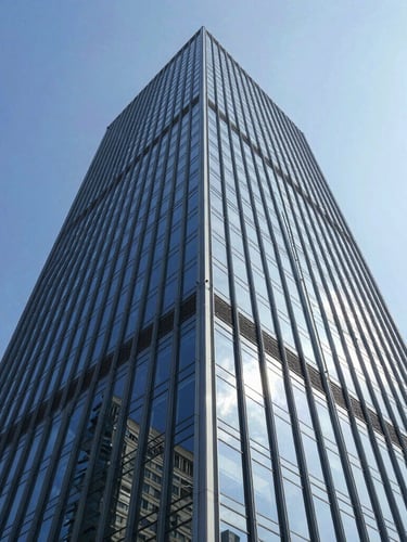 Low-angle architectural shot of a towering commercial glass facade reflecting a bright blue sky, crisp daylight, sharp geometric lines