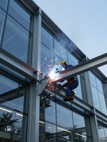 Inside a modern heavy fabrication facility in Airoli, Navi Mumbai, a skilled technician in safety gear welding a structural steel facade bracket, bright sparks flying, industrial lighting.