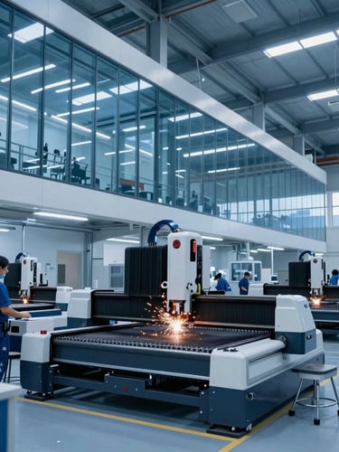 Inside a modern high-tech fabrication workshop, skilled technicians operating advanced CNC cutting machinery with sparks flying, cool blue industrial lighting.