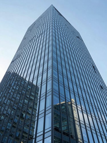 Low-angle architectural shot of a towering glass facade reflecting the sky, steel blue tones, crisp daylight reflections, professional tilt-shift lens