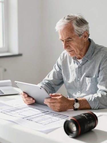 A focused senior professional in a clean modern workspace reviewing architectural plans on a tablet, bright natural daylight, high-contrast shadows, 35mm lens