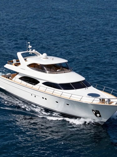 A sleek classic yacht cutting through deep blue water under bright natural daylight, crisp high-contrast shadows, 35mm lens