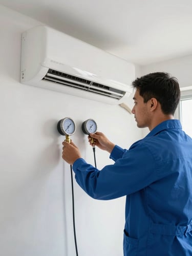 A clean, bright indoor utility room in Riyadh. A certified technician in a blue uniform calibrates a modern wall-mounted split AC unit using digital pressure gauges. Cool, crisp natural daylight.
