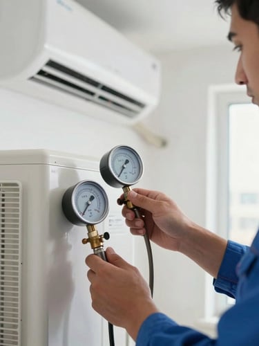 Close-up shot of a professional HVAC technician in a clean blue uniform calibrating a modern split AC unit in a bright, high-key Saudi interior, cool daylight tones, focus on digital manifold gauge.