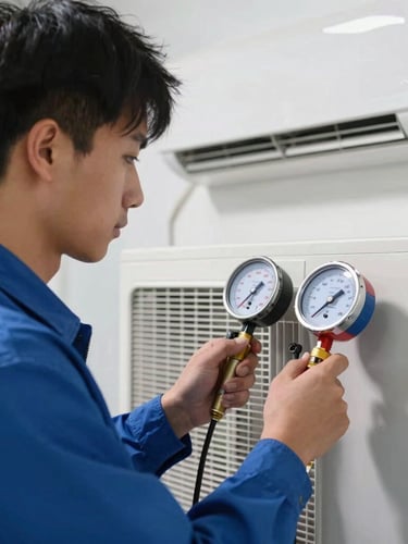 A close-up portrait of a certified technician in a clean blue uniform using digital pressure gauges on a premium split AC unit, bright cool natural daylight.