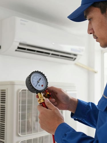 Close-up of a certified HVAC technician in a clean blue uniform using a digital pressure gauge to calibrate a modern split AC unit in a bright, pristine Riyadh residential interior, cool daylight.