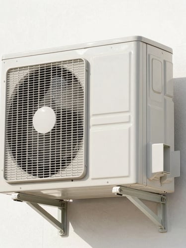 A close-up of a brand new, clean outdoor AC condenser unit being mounted securely on a pristine white exterior wall in Saudi Arabia. Bright, high-key natural daylight.