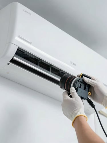 A pristine split AC indoor unit being calibrated by a technician wearing clean white protective gloves, bright cool natural light, clinical precision.