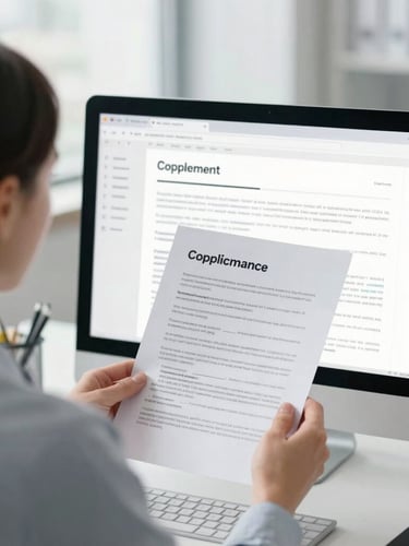 Over-the-shoulder shot of a lawyer reviewing compliance documents on a clean monitor in a bright, modern office with cool daylight.