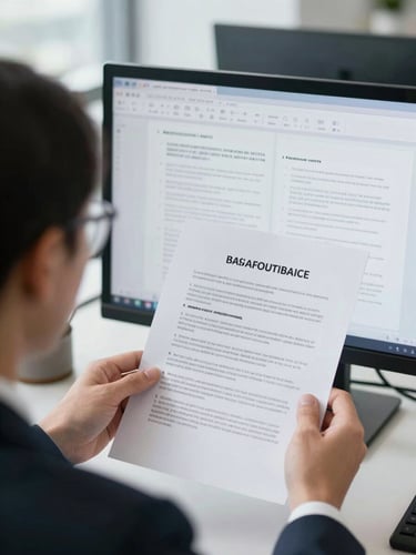 Over-the-shoulder shot of a lawyer reviewing document drafts on a clean monitor, bright cool daylight, professional office setting, sharp focus, 35mm