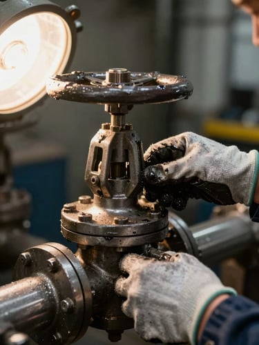 Extreme close-up of a technician's gloved hands adjusting a heavy industrial valve on a steel pipe, tungsten shop lighting from the left casting warm shadows across worn metal surfaces, grease marks visible on the fitting, shallow depth of field with dark machinery background