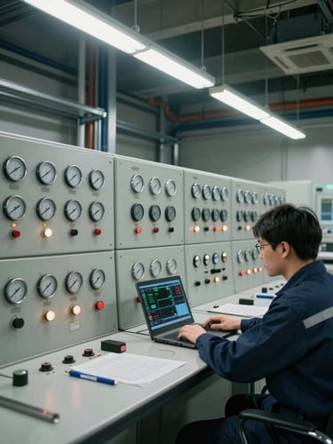 Wide environmental shot of an industrial control room, panels of gauges and indicator lights active, a technician in work gear reviewing a diagnostic readout, overhead fluorescent lighting, steel and cable infrastructure visible in background