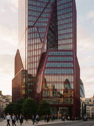 Architectural 35mm shot of a modern UK skyscraper reflecting soft golden hour light, deep crimson glass facade, low-contrast natural daylight