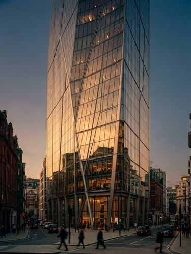 Architectural shot of a UK skyscraper reflecting soft golden hour light on its glass facade, 35mm