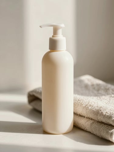 Close-up of clean hair care bottle next to a linen towel, soft shadows, portrait aspect