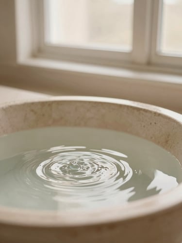 Soft water ripples in a beige stone basin under morning light, portrait aspect