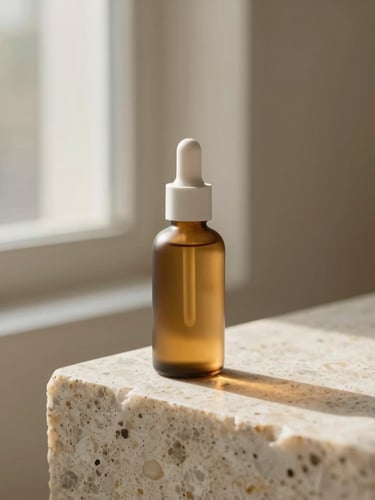 A minimalist amber bottle resting on a textured travertine stone, soft morning window light casting warm shadows, shallow depth of field, 35mm
