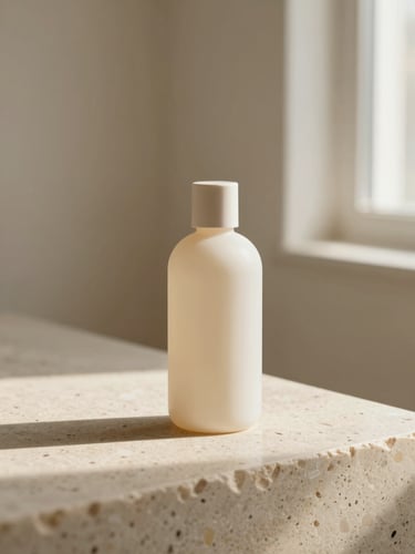 Minimalist product bottle on textured travertine stone, soft morning window light with gentle warm shadows, 35mm