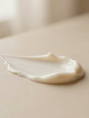 Close-up of clean, luxurious cream texture on a soft beige surface, warm diffused lighting, elegant and minimalist composition
