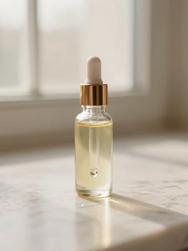 Portrait orientation of clean cosmetic oil dripping from a glass dropper onto a smooth marble surface, soft warm morning light, shallow depth of field
