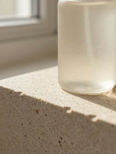 Macro close-up of a minimalist product bottle resting on textured travertine stone, soft morning window light, gentle warm shadows, 35mm photography