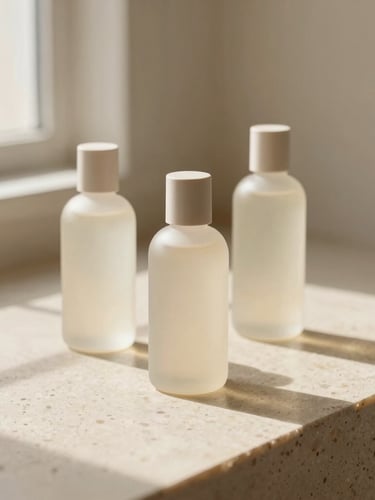 Minimalist premium product bottles resting on warm travertine stone, soft morning window light with gentle shadows, muted beige and alabaster tones, 35mm photography