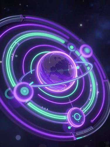 Macro shot of glowing holographic planetary orbits representing career clusters, neon purple and green data lines, glassmorphic interface details, deep space background