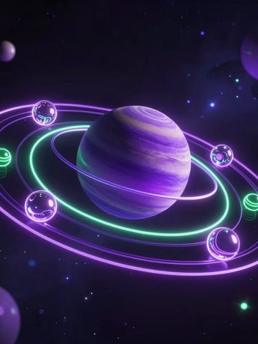 Futuristic 3D render of glowing planetary orbits representing career clusters, deep space cosmic background, neon purple and green data nodes, glassmorphism, cinematic lighting