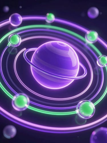 Macro shot of glowing 3D planetary orbits representing academic milestones, neon purple and green accents, glassmorphic interface details