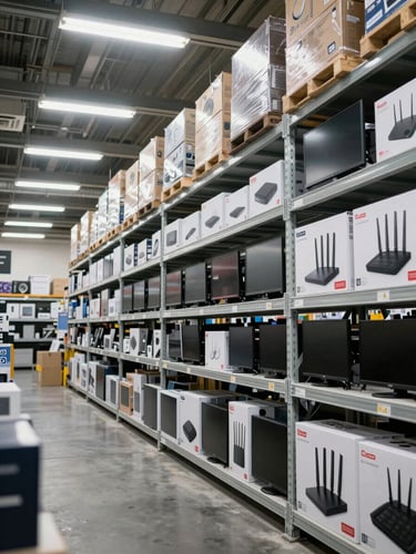 Wide-angle warehouse aisle shot, even overhead fluorescent lighting, floor-to-ceiling metal shelving densely packed with boxed consumer electronics — routers, monitors, peripherals in retail packaging — organized by category, clean concrete floor visible in foreground, no people
