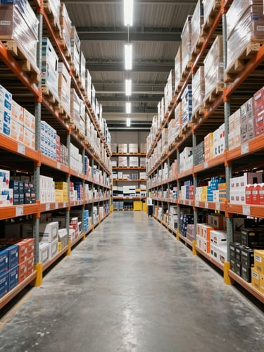 Wide-angle view inside a large organized warehouse, tall shelving rows stocked with boxed commercial products receding into the distance, bright even overhead fluorescent lighting, clean concrete floor, no people, shot from low center aisle looking straight ahead