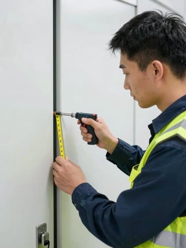 A certified inspector in a clean high-vis vest measuring the gap of a commercial fire door with a gap gauge, bright clean indoor lighting, 35mm