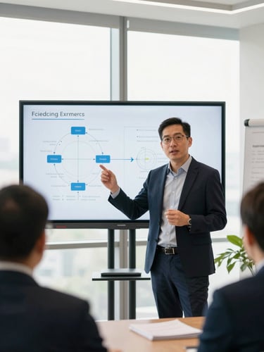 A minority founder presenting technical architecture on a screen during a high-energy pitch event, bright natural window light, professional warm tones, 35mm
