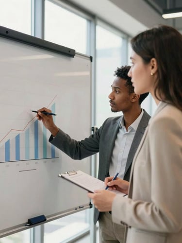 A collaborative whiteboard session in a bright modern tech office, a female executive and a minority founder analyzing a growth chart, natural window light, professional warm tones, 35mm