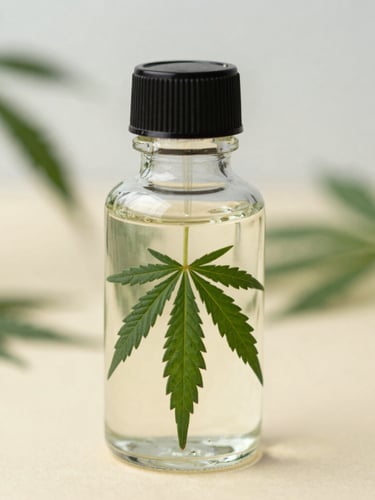 Editorial macro photography of clean, premium apothecary-style glass cannabis jar on a warm cream surface, soft natural overcast daylight, 35mm